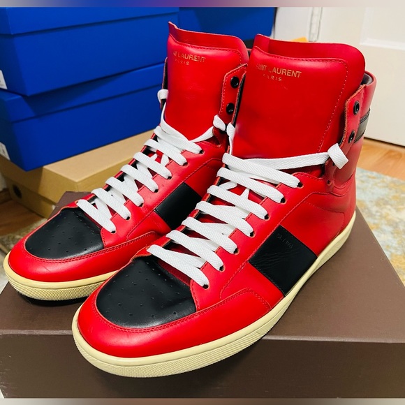 EUC Men Size 10 Saint Laurent SL/10H Contrast-Stripe High Top Sneakers Red/White - Picture 6 of 14